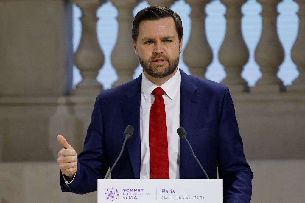 US Vice President JD Vance speaks during a plenary session at the Artificial Intelligence (AI) Action Summit, at the Grand Palais, in Paris, on February 11, 2025. Photo by Ludovic MARIN / AFP
