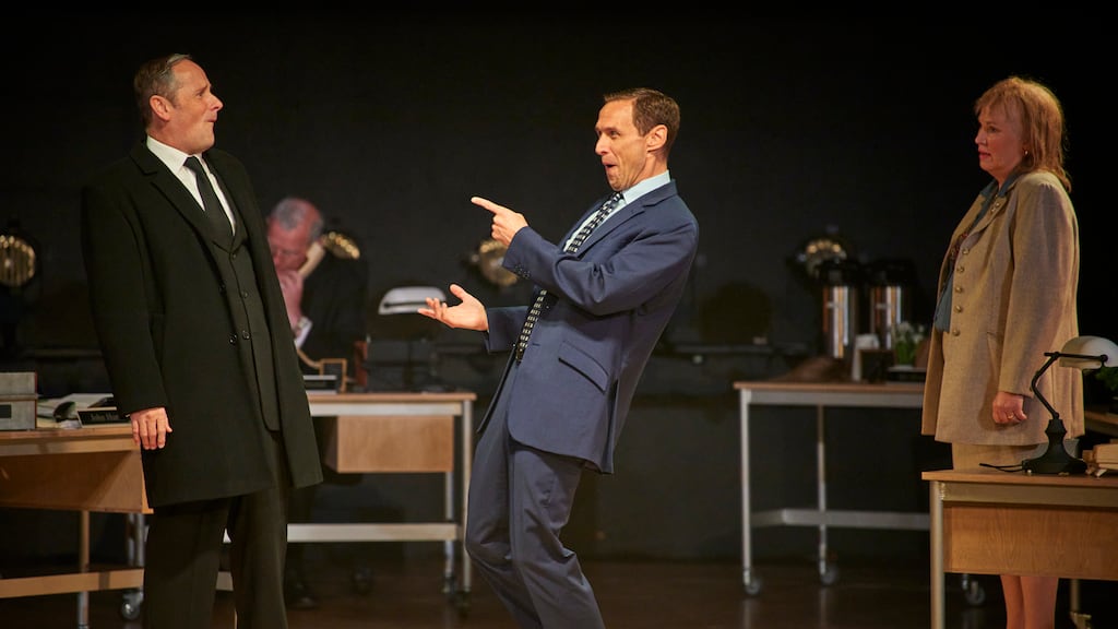 Ronan Leahy as Bertie Ahern, Martin Hutson as Tony Blair and Andrea Irvine as Mo Mowlam in Agreement by Owen McCafferty. Photograph: Ros Kavanagh