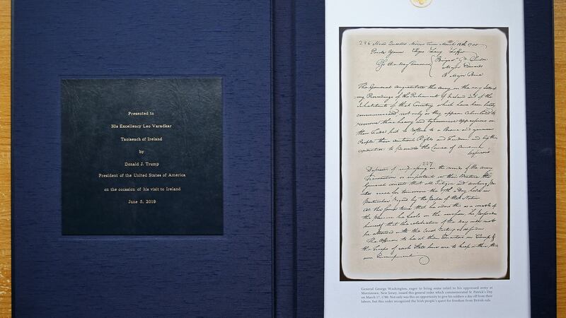 The leather-bound parchment presented to Taoiseach Leo Varadkar by President Donald Trump. Photograph: Crispin Rodwell