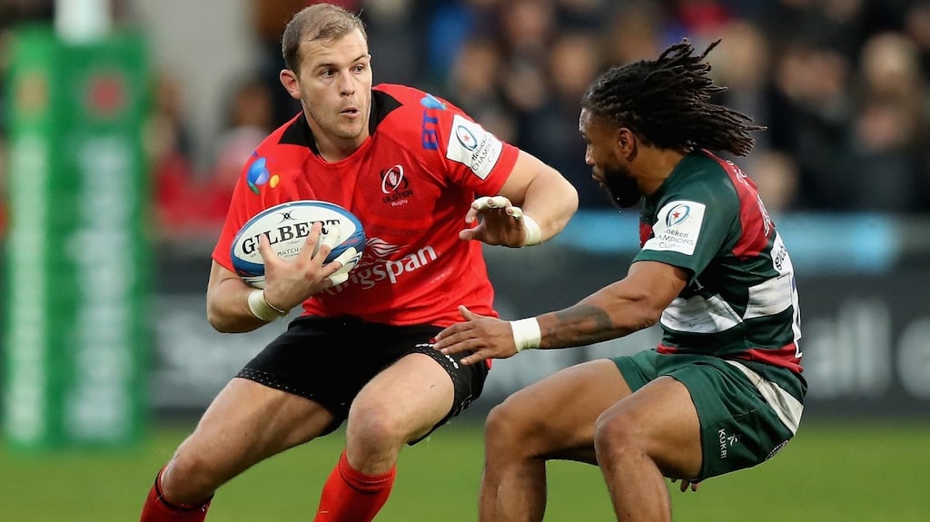 Will Addison takes on Leicester Tigers’ Kyle Eastmond during the Champions Cup clash at the Kingspan Stadium last week in Belfast. Photograph: David Rogers/Getty Images