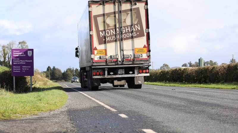 A Monaghan Mushrooms truck passes over the border into Co Fermanagh. Photograph: Lorraine Teevan
