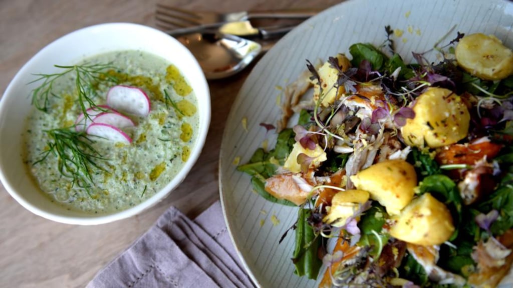 Domni Kemp’s cucumber soup, and mackerel, mustard, spinach and lemon salad. Photograph: Cyril Byrne