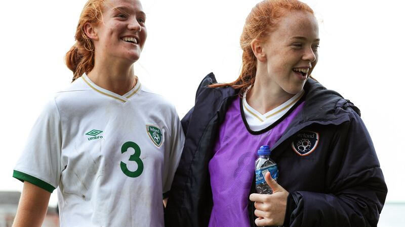 Kate Slevin , right, celebrates with Republic of Ireland teamamate Shauna Brennan after victory over Northern Ireland at Markets Field, Limerick in the UEFA Women’s European Under 19 Championships Round 1 in October. Photograph: Brian Reilly-Troy/Inpho