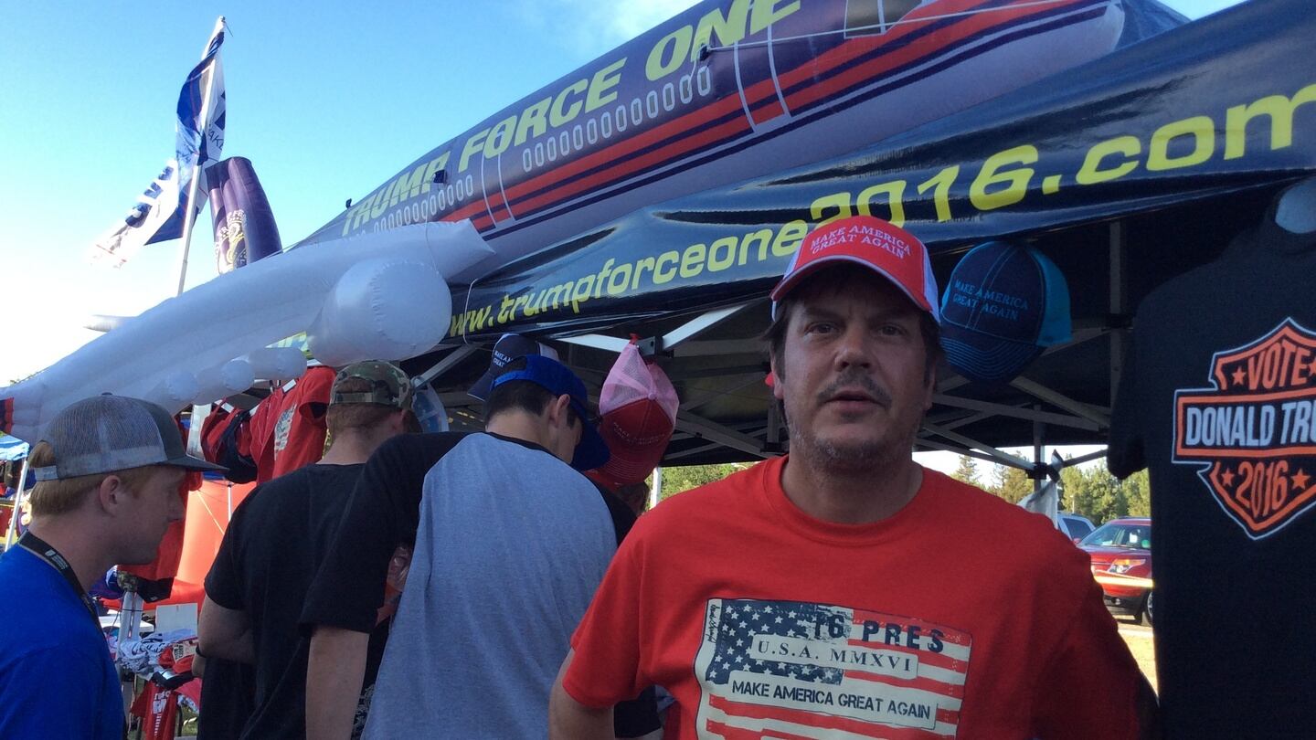 Trump campaign merchandise vendor Royce Vaughn (44) from St Louis, Missouri, selling his products at the presumptive Republican presidential nominee at a rally in Sacramento. Photograph: Simon Carswell