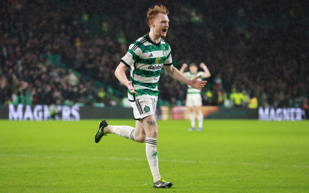 Celtic’s Liam Scales celebrates scoring against Livingston. Photograph: Steve Welsh/PA Wire