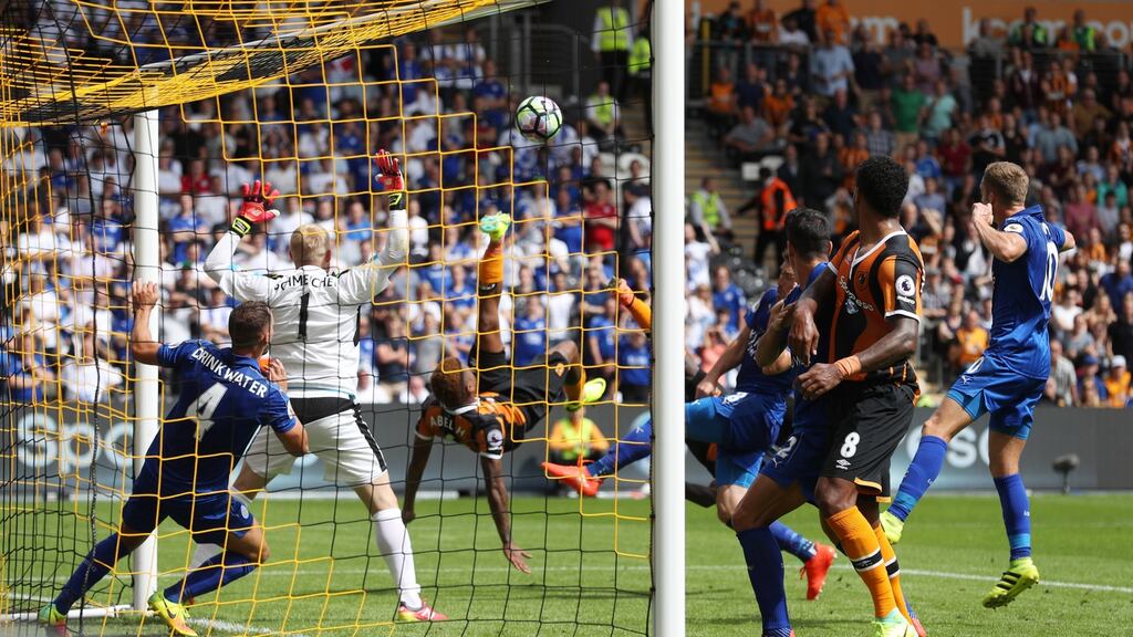 Hull City’s Abel Hernandez and Adama Diomande’s doube bicycle kick for their team’s first goal. Photograph: Russell Cheyne/Reuters