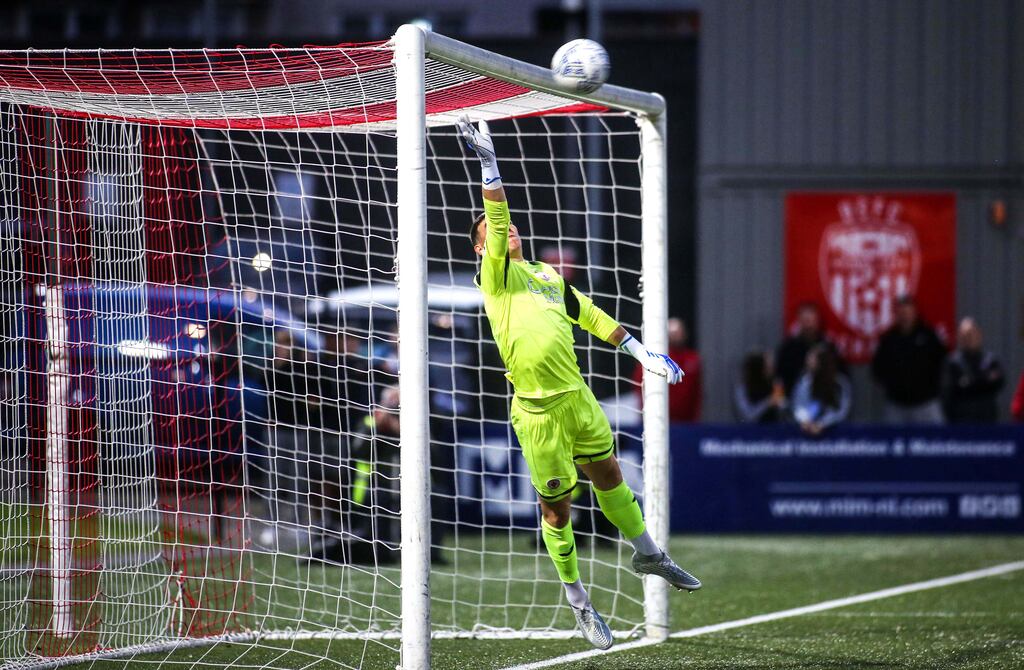 Sligo Rovers goalkeeper Luke McNicholas is beaten by a free-kick from Derry City's Will Patching during the SSE Airtricity League Premier Division match at the Ryan McBride Brandywell Stadium. Photograph: Lorcan Doherty/Inpho
