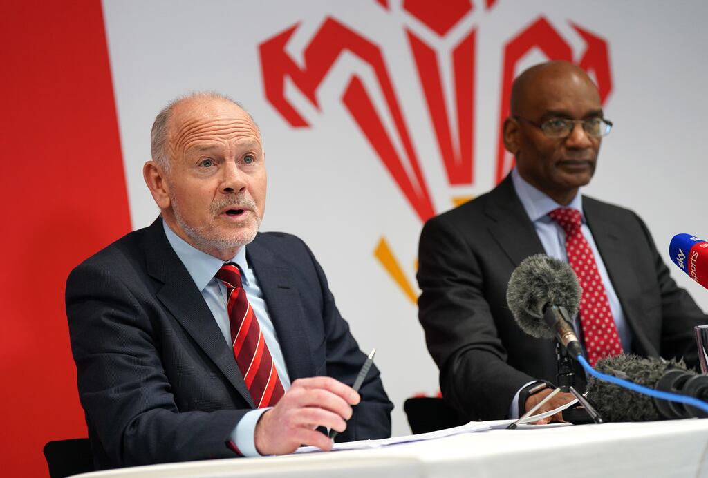 Welsh Rugby Union chairman Ieuan Evans and acting chief executive Nigel Walker. Photograph: Jacob King/PA Wire