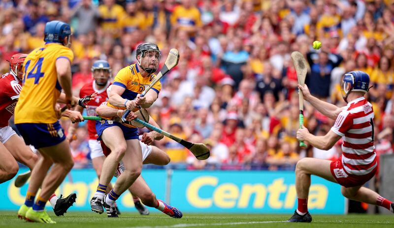 Clare’s Tony Kelly scoring his side’s third goal of the game. Photograph: Ryan Byrne/Inpho