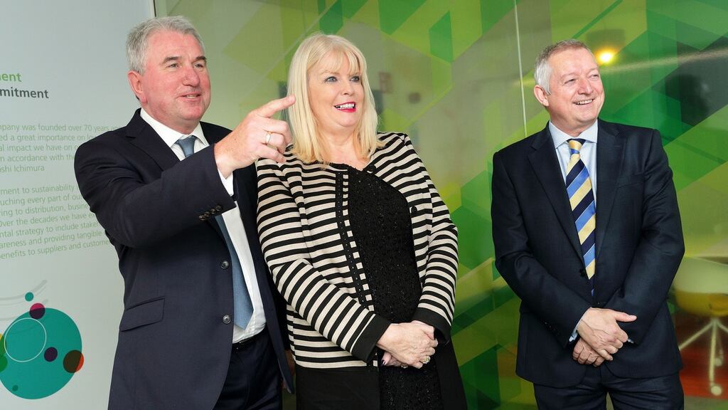 Phil Keoghan, CEO of Ricoh UK and Ireland; Minister for Jobs, Enterprise and Innovation Mary Mitchell O’Connor; and Gary Hopwood, general manager of Ricoh Ireland, at the opening of Ricoh’s Irish headquarters in Airside Business Park in Swords, Co Dublin
