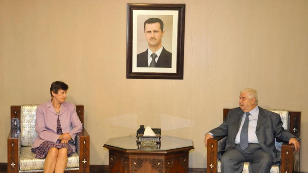 Syrian Foreign Minister Walid al-Muallem (right) meets UN High Representative for Disarmament Affairs Angela Kane in Damascus.