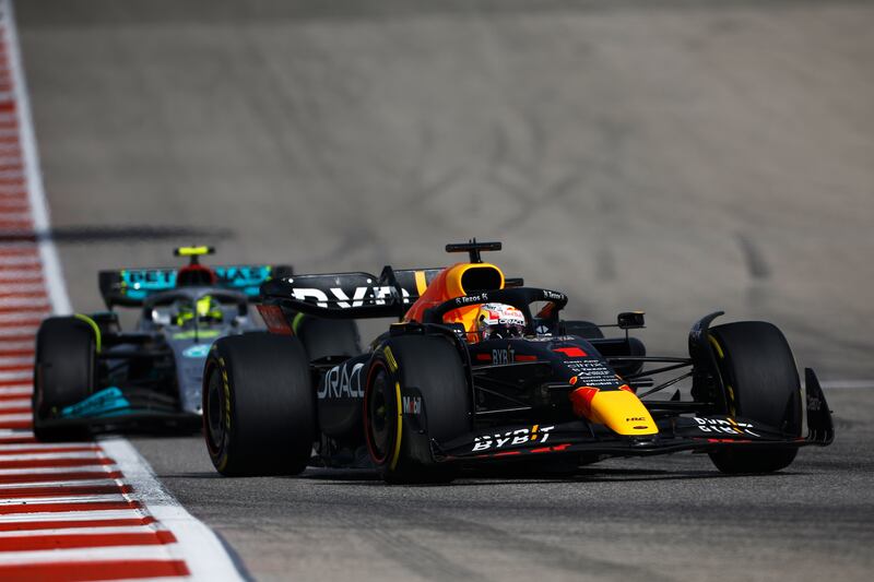 Max Verstappen of the Netherlands driving the (1) Oracle Red Bull Racing RB18 leads Lewis Hamilton of Great Britain driving the (44) Mercedes AMG Petronas. Photograph: Getty