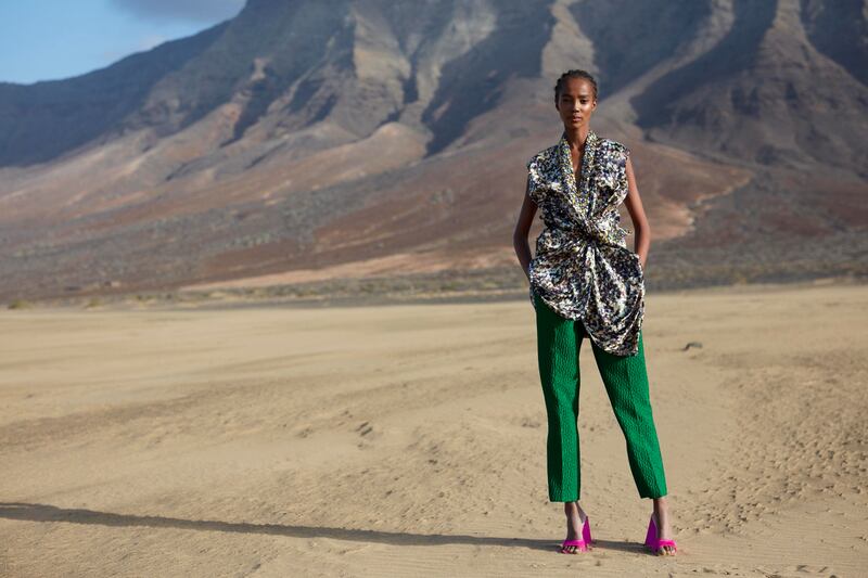Green trousers, €755 and top, €575, from Dries van Noten