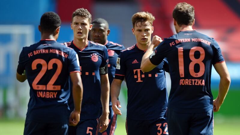 Bayern Munich celebrate a Serge Gnabry goal against Bayer Leverkusen. Photograph: Matthias Hangst/EPA