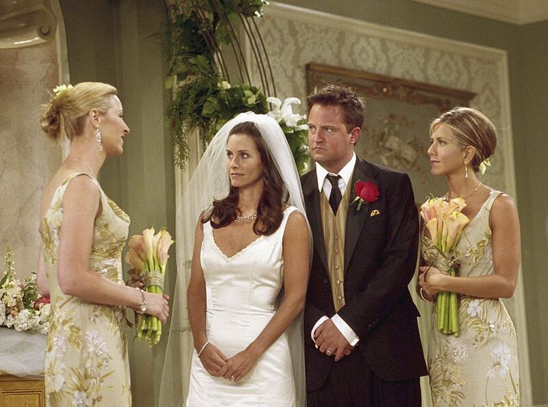 The One With Monica and Chandler's Wedding: Matthew Perry with Lisa Kudrow, Courteney Cox and Jennifer Aniston. Photograph: Danny Feld/NBCU/Getty