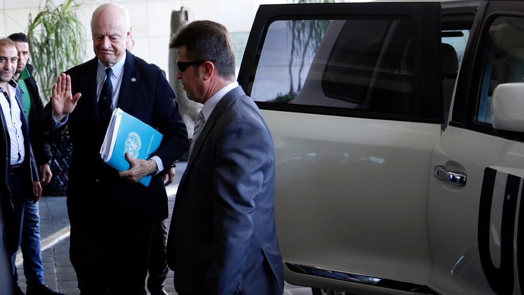UN Special Envoy to Syria, Staffan de Mistura, returns from a meeting with Syrian foreign minister Walid al-Moallem, at the Four Seasons hotel in Damascus on Thursday. Photograph: Youssef Badawi/EPA