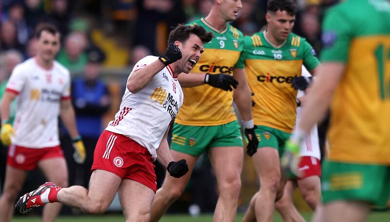 Tyrone's Darren McCurry celebrates his late score against Donegal in Ballybofey. Photograph: John McVitty/Inpho