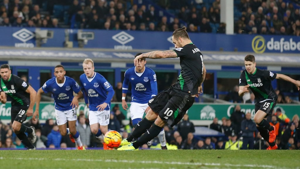 Stoke’s Marko Arnautovic scores their fourth goal with a penalty. Photograph: Carl Recine/Reuters