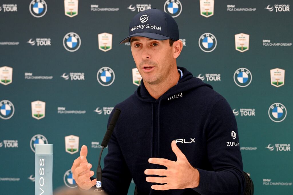 Billy Horschel talks to the media during a press conference prior to the BMW PGA Championship at Wentworth. Photograph: Ross Kinnaird/Getty Images