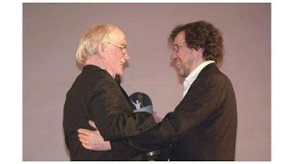 Playwright Thomas Kilroy receiving the Special Tribute Award from actor Stephen Rea at the Irish Times/ESB Irish Theatre Awards in Dublin on Sunday night. Kilroy said one of his great pleasures was seeing his work produced by younger companies such as Rough Magic, Red Kettle, Blue Raincoat and others.