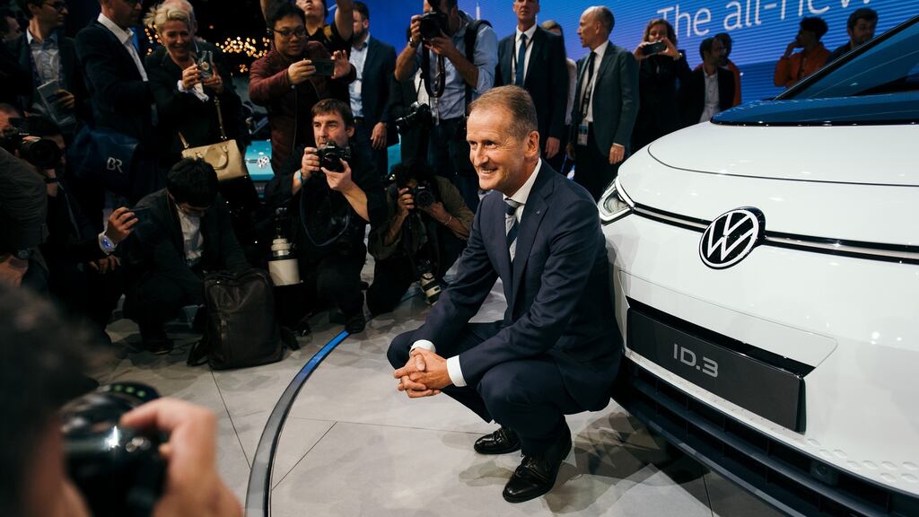Herbert Diess, Volkswagen’s chief executive, at the Frankfurt International Motor Show earlier this month. He and Hans Dieter Pötsch; the chairman of Volkswagen’s supervisory board, and Martin Winterkorn a former chief executive, have been charged with stock market manipulation for not alerting shareholders when they learned authorities were investigating the company’s diesel emissions. Photograph: The New York Times