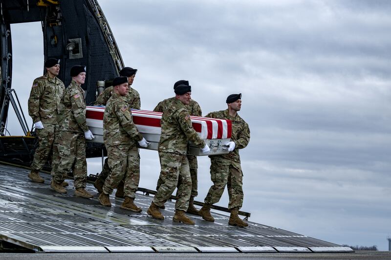 One of three coffins containing US army reserve soldiers killed in a January drone attack in Jordan is transferred at Dover Air Force Base, Delaware, on February 2nd. Photograph: Kenny Holston/New York Times