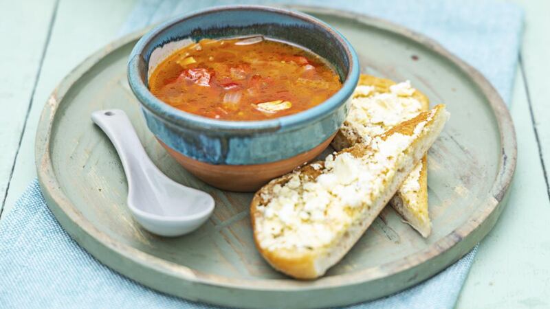 Catalan red pepper soup, chicken butter toast
