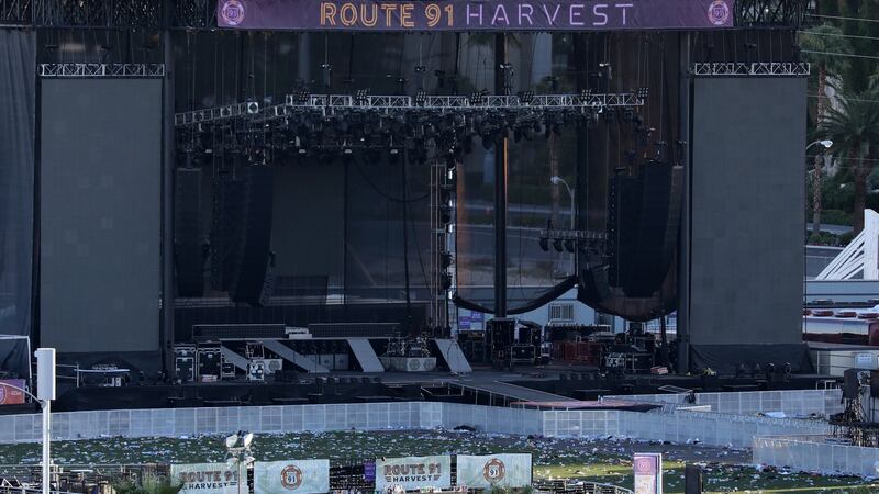 The scene in front of the stage following a mass shooting at the Route 91 Harvest Country Music Festival on the Las Vegas Strip in Las Vegas, Nevada, US. Photograph: Mike Blake/Reuters