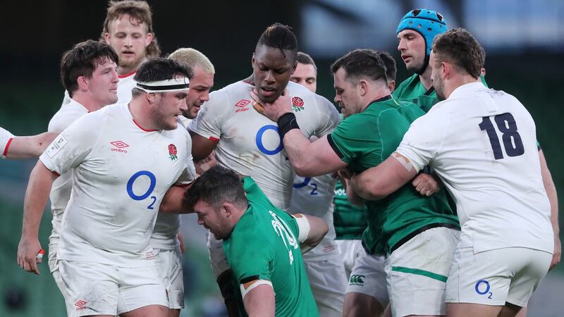 England’s Maro Itoje confronts Peter O’Mahony and Cian Healy during Ireland’s win at the Aviva Stadium. Photograph: Niall Carson/Pool/Getty Images
