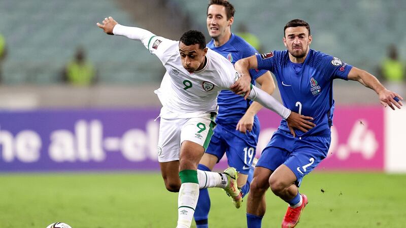 Ireland striker Adam Idah holds off Gara Garayev. Photograph: Laszlo Geczo/Inpho