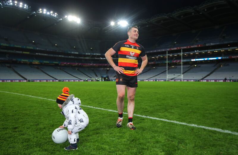 Cullyhanna’s Pearse Casey with his son Arthur after the club's All-Ireland intermediate final victory at Croke Park. Photograph: Ryan Byrne/Inpho