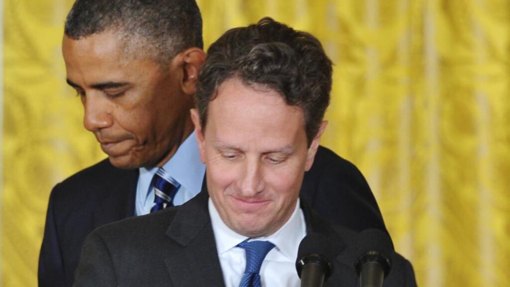 US President Barack Obama with then treasury secretary Tim Geithner in the East Room of the White House in January 2013 . Photograph: AFP