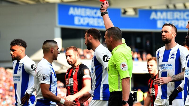 Brighton’s Anthony Knockaert is sent off during his side’s heavy defeat to Bournemouth. Photograph: Glyn Kirk/AFP/Getty