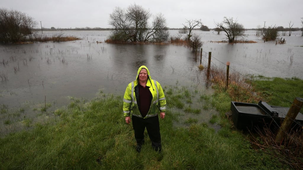 Padraig McNiffe stands in the flooded fields near his farm in Newtownflood, outside Athlone. Photograph: Laura Hutton