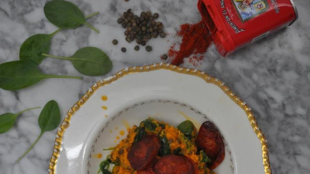 Sweet-potato mash with spinach, lentils and chorizo
