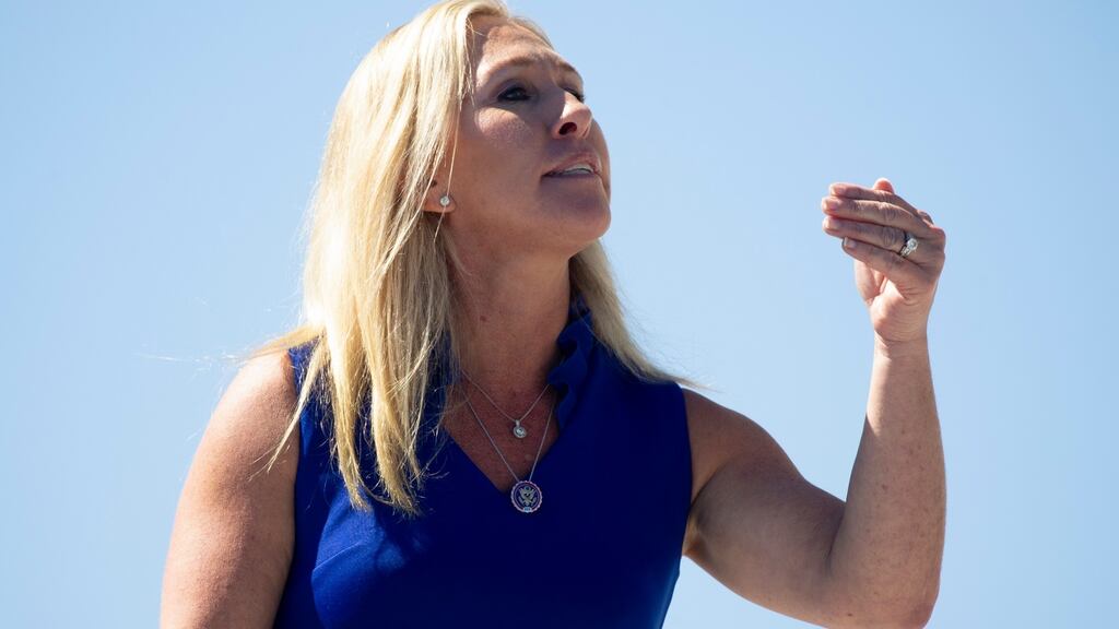 Twitter has previously issued a short-term suspension for Marjorie Taylor Greene’s account for tweets about Covid that it called ‘misleading’. Photograph: Michael Reynolds/EPA