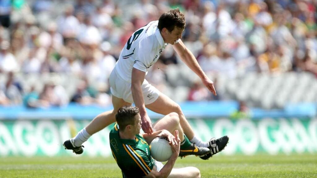 Kildare’s Paddy Brophy and Kevin Reilly of Meath during the Leinster football semi-final at Croke Park. Photograph: Inpho