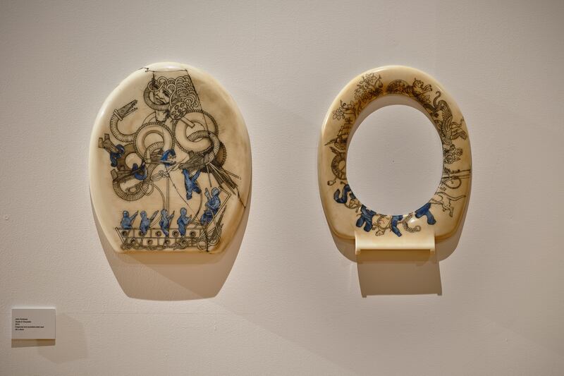 John Kindness, Scylla & Charybdis, 2012 engraved and scumbled toilet seat and cover (resin casts). Photograph: Ros Kavanagh
