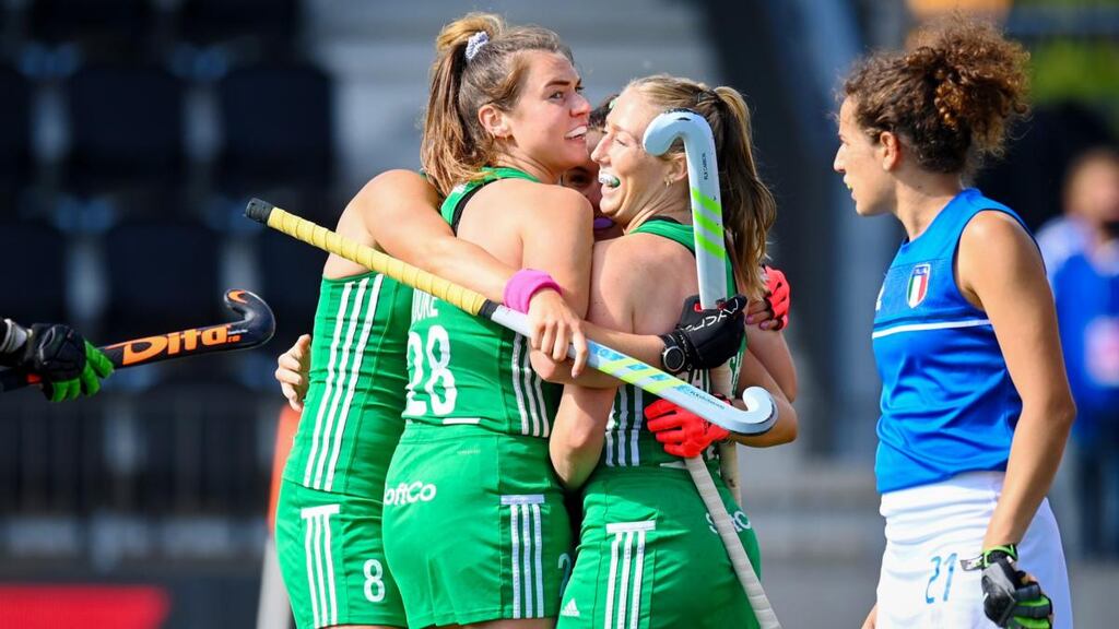 Ireland’s Deirdre Duke and Nikki Evans celebrate a goal during the sixth-placed playoff against Italy at the Women’s EuroHockey Championship at the Wagener Stadium in Amstelveen. Photograph: Frank Uijlenbroek/Inpho