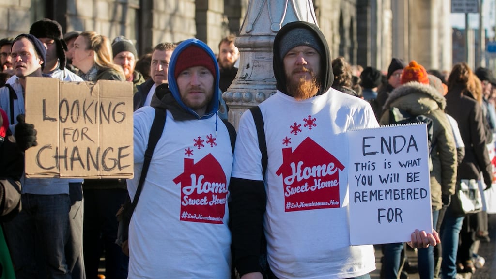 Home Sweet Home supporters Adam Snowy (left) from Co Louth, and Adam Collins from Tallaght, Co Dublin, outside the High Court. Photograph: Gareth Chaney Collins