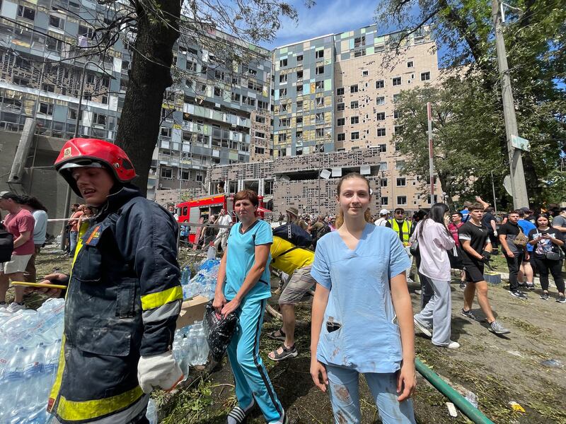 Mariya Soloshenko, a nurse at Ohmatdyt children's hospital in Kyiv, helped get patients and staff to safety after a deadly Russian missile attack on Monday morning. Photograph: Daniel McLaughlin