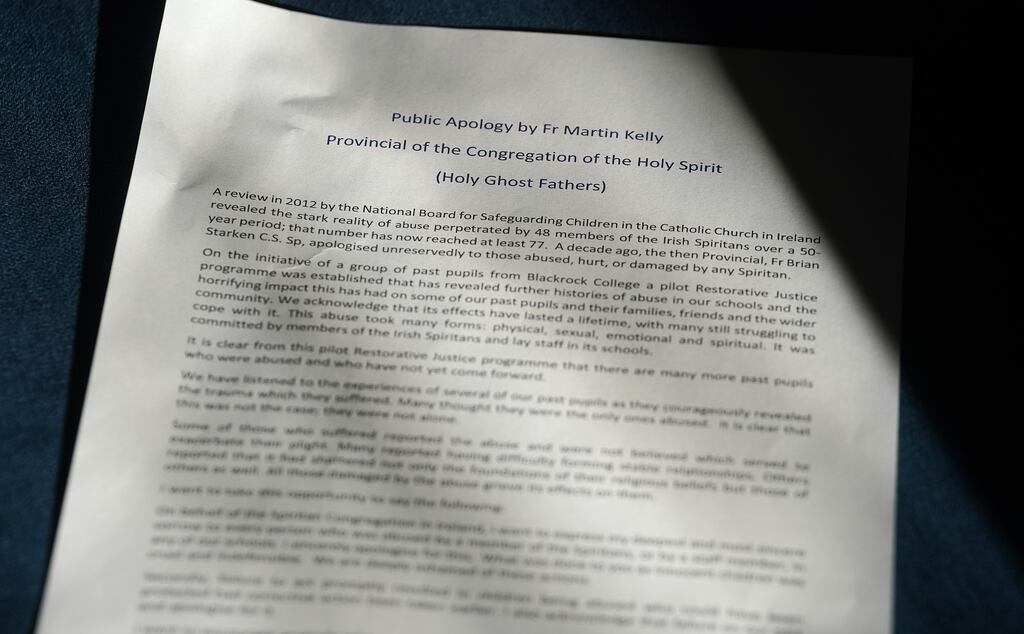 The public apology by the Spiritans' Provincial Fr Martin Kelly at an announcement of a restorative justice process for victims/survivors earlier this month. Photograph: Brian Lawless/PA Wire