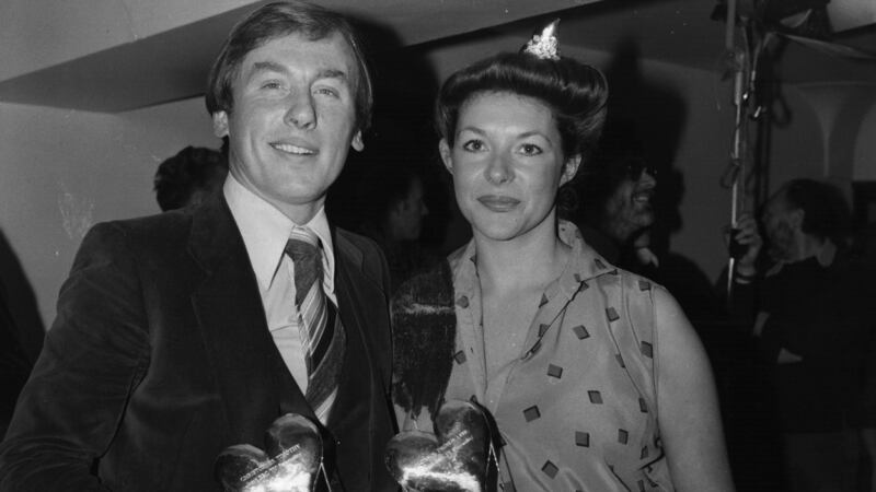 Carol Drinkwater with Christopher Timothy and holding their joint BBC television personality award for the series All Creatures Great and Small in 1979. Photograph: Central Press/Getty Images