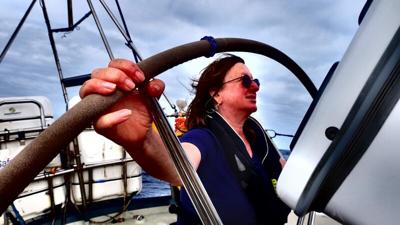 Irishwoman Helen Morris on board the S/V Travel Edge in the south Pacific. Photograph: Claire McCluskey/eXXpedition
