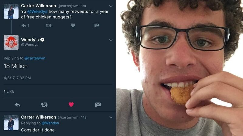 Carter Wilkerson (16) from Reno, Nevada: if he gets 18 million retweets, he gets free chicken nuggets for life from US fast-food chain Wendy. Photographs: Carter Wilkerson/Twitter