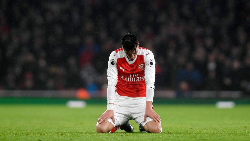 Mesut Ozil during Arsenal’s loss to Watford on Tuesday. Photograph: Will Oliver/EPA