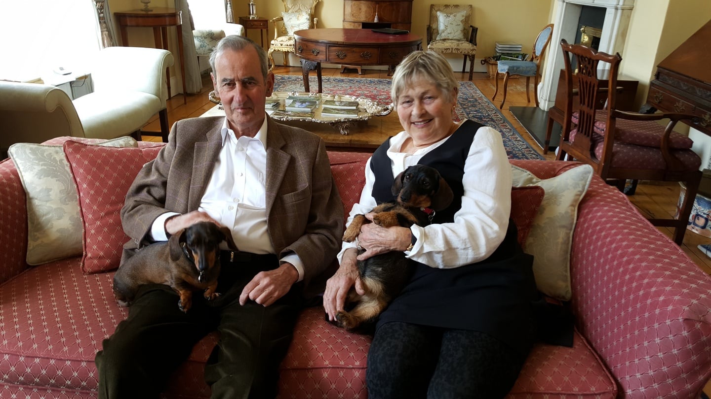 Val and Helen Dillon with their beloved dachschunds in the drawingroom of 45 Sandford Terrace, Ranelagh