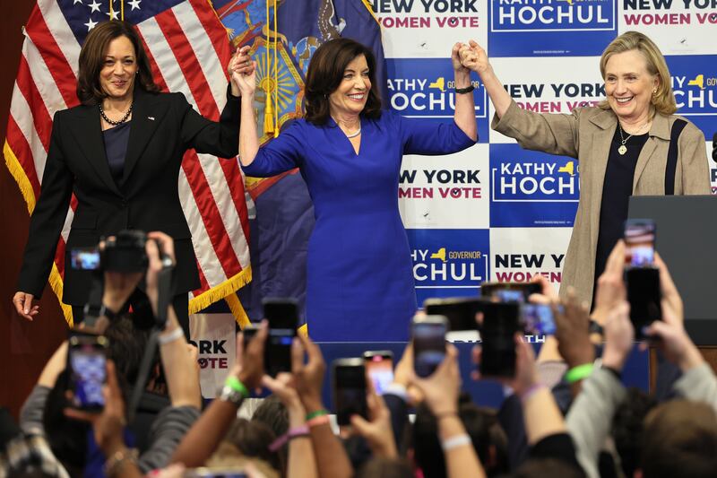 US vice-president Kamala Harris, New York governor Kathy Hochul and former secretary of state Hillary Clinton at the conclusion of a New York Women 'Get Out The Vote' rally on Thursday Photograph: Michael M Santiago/Getty Images