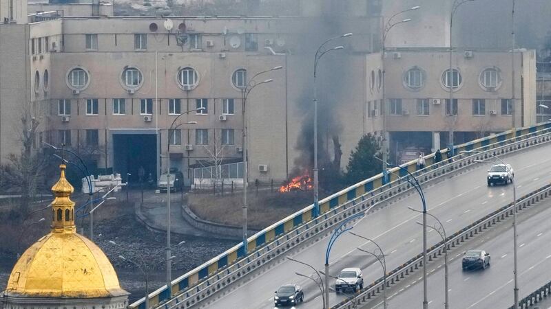 Smoke and flame rise near a military building after an apparent Russian strike in Kyiv, Ukraine, Thursday, February 24th, 2022. Photograph: Efrem Lukatsky/AP Photo