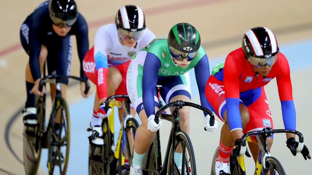 Ireland’s Shannon McCurley (second from right) in action during the heats of the women’s Keirin at the Rio Olympic Velodrome. Photograph: James Crombie/Inpho